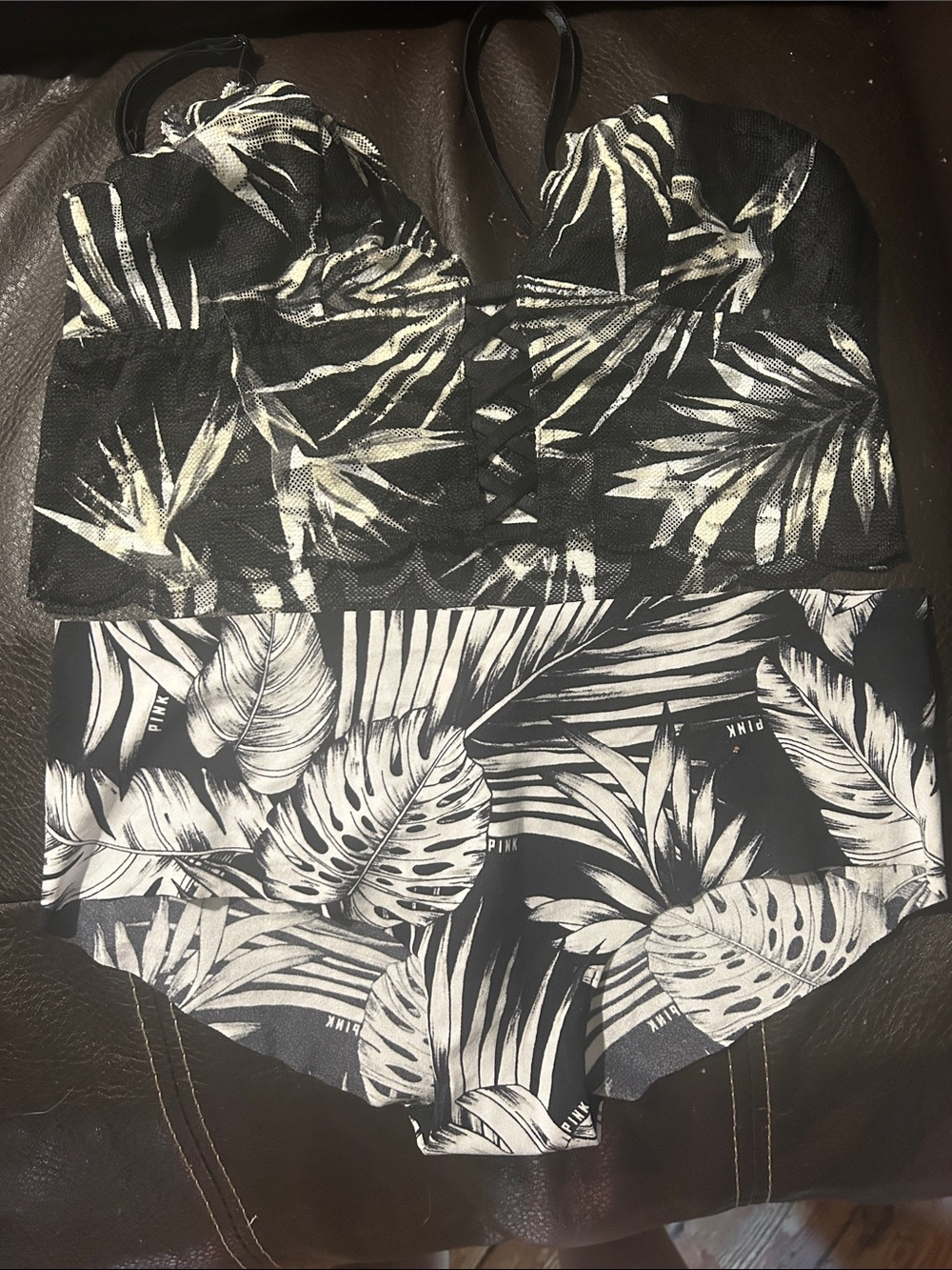 PINK Victoria's Secret Black & White Tropical Print Two-Piece Set.
